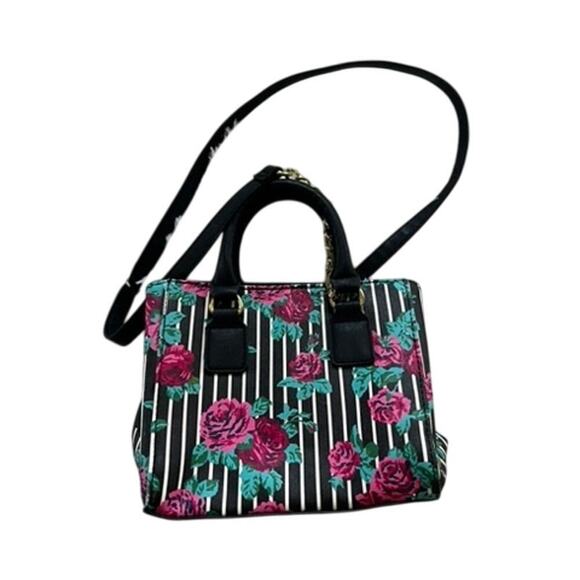 EUC Betsey Johnson black and white striped with pink roses pattern purse bag Y2K - Picture 5 of 7